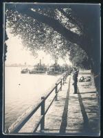 ca 1915 Az S.M.S. Körös és S.M.S. Szamos - Dunai Flottila monitorok a mólónál. Fénykép 7,5x 10 cm /  S.M.S. Kőrős and Szamos moored at the river bank, a guard watching them. Whoever took this photo must have been authorized to do so or sure that would not be caught in the act. Photographs of this type are very rare