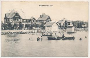 1916 Balatonföldvár, nyaralók, villák, fürdőház, stég, fürdőzők. Gerendai Gyula kiadása (ázott / wet damage)