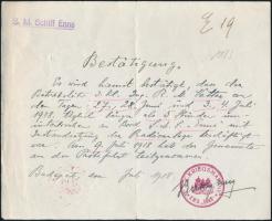 1918 Az S.M.S. Enns - Dunai Flottila monitor parancsnokának kézzel írt igazolása egy matróz részére, hajópecsétekkel   Handwritten confirmation that Engineer R.M. Vetter worked five hours a day over a five-day period in late June and early July 1918 installing radio equipment on S.M.S. Enns. (See also S.M.S. Temes I). K.u.K. KRIEGSMARINE * S.M.S. ENNS * Kalis/Kohl No. 4 [type DK 5d] violet and S. M. Schiff Enns Kalis/Kohl No. 5 [type DL 1a] violet