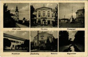 Jászberény, Fő tér, Városháza, üzletek, Országzászló, Posta, Kultúrház, Zagyva részlet (EK)