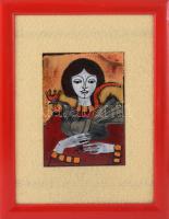 Lőrincz Vitus (1933-): Nő kakassal. Tűzzománc, jelzés nélkül, keretbe applikálva, 14x10 cm