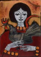 Lőrincz Vitus (1933-): Nő kakassal. Tűzzománc, jelzés nélkül, keretbe applikálva, 14x10 cm