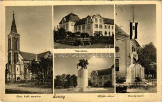 1940 Karcag, Római katolikus templom, Városháza, Hősök szobra, Országzászló. Róna Imréné kiadása (fa)