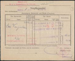 1918 Ellátmányi cédula ritka Dunai Flottila pecsétekkel  Food list for the transportation of the crew and horses listed, dated 7/11. 18 K. u. k. Ostarmee * Schiffsabteilung * Kalis/Kohl No. 1 [type DR 4e] black ? Liebhaberpreis !! and Administration K. u. k. Schiffsabteilung der Ostarmee Feldpost 240 Kalis/Kohl No. 5 [type DL 2e] black ? Liebhaberpreis !!