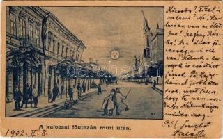 1902 Kalocsa, a kalocsai főutcán muri után, részeg humor este Holddal (EK)