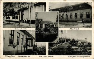 1943 Kétegyháza, Római katolikus zárda és templom, Állami iskola, Egészségügyi ház, Községháza az Országzászlóval (szakadás / tear)