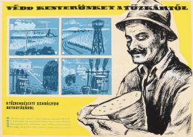 1956 Cziglényi László: Védd kenyerünket a tűzikártól. Vegyes technika, papír, egyenként 21x15 cm Kartonon. Hátoldalán hivatalos engedélyezési okirattal.