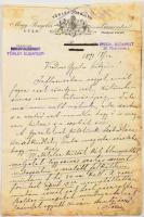 1891 Törley József (1858-1907) pezsgőgyáros autográf levele, "Kedves Gyula bátyám!" megszólítással. Feltehetőleg testvére, Törley Gyula (1855-1934) nagybirtokos, lótenyésztő részére, Törley József és Társa Magyar Pezsgőbor Gyűr Promontor fejléces papíron, átbélyegzett címmel. "Influenzában vagyok, ennél fogva csak röviden irok. Különben sincs semmi különös újság. ... Irénnel együtt kiván szerető öcséd Józsi.", foltos, 1 sztl. lev., 23x15 cm.
