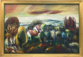 Cseh László (1914-1991): Igali táj. Olaj, farost, jelzett. Hátoldalán Képcsarnok Vállalat címkéivel. Dekoratív fakeretben, 60×90 cm