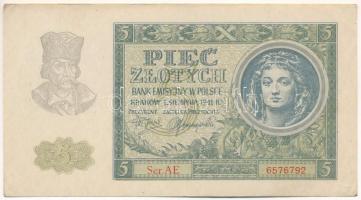 Lengyelország / Német megszállás 1941. 5Zl "AE 6576792" T:F, szép papír Poland / German Occupation 1941. 5 Zlotych "AE 6576792" C:F, fine paper Krause P#101