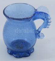 cca 1950/60 Mid-century buborékos anyagú kézzel készült kék üvegkancsó, jelzés nélkül, hibátlan, m: 16 cm
