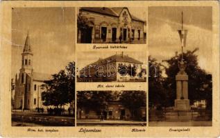 1943 Lajosmizse, Római katolikus templom, Iparosok kultúrháza, Állami elemi iskola, Országzászló, vasútállomás (r)