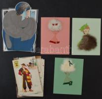 10 db MODERN rátét díszes üdvözlő képeslap, közte 3 hímzett / 10 modern art postcards with decorative appliques, with 3 embroidered ones