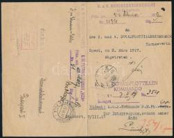 1918 Az S.M.S. Inn - Dunai Flottila A Tengerészhadtest 12. századának ajánlott levele a budapesti haditengerészeti különítményhez, melyet Viza S.M. Patrouillenboot vett át, a Dunai Flottilla Parancsnokságának további pecsétjeivel. A levél több kitüntetésben részesült tengerészt is megnevez, köztük egyet-egyet a Viza, a Csobáncs és az S.M.S. Vág-ról.   Registered letter from the Seamen?s Corps, 12th Company, to the Navy Detachment in Budapest, received by S.M. Patrouillenboot Viza, with additional seals of the Command of the Danube Flotilla. The letter names several seamen who had been awarded decorations, among them one each from S.M.S. Viza, Csobáncs, and Vag. Postmarked: K.u.K. MARINEFELDPOSTAMT POLA a 23.II.17 Portofreie Dienstsache Zensuriert and S.M. PATROUILLENBOOT ?VIZA? Kalis/Kohl No. 2 [type DL 1b] ? and K. u. k. DONAU-FLOTILLEN KOMMANDO Seal of the DL 2f similar to KK 5, except for the second ?k? in lower case ?   Rubberstamped registration label: R | k.u.k. Marinepostamt 2 427
