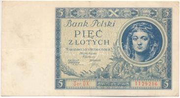 Lengyelország 1930. 5Zl "DX 1129216" T:F, szép papír Poland 1930. 5 Zlotych "DX 1129216" C:F, fine paper Krause P#72