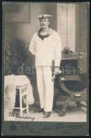 1916 Az S.M. Pb. Barsch - Dunai Flottila hajó matróza rusei bolgár stúdióban készült fotója kabinetfotó 11x17 cm  A sailor from S.M.Pb. Barsch, There is no date, but it must have taken been after November 1916, when a monitor task force was assembled at Ruse, a Bulgarian port on the Danube, across from the Rumanian port of Giurgiu