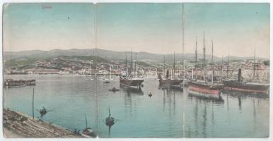 1910 Trieste, Trieszt; kikötő, hajók. 3-részes kihajtható panorámalap / port, industrial railway, quay. 3-tiled folding panoramacard (hajtásnál szakadt / worn at fold)