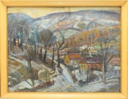 Farkas Lajos (1919-1998): Hegyoldal. Olaj, farost. Jelzett. Hátoldalán Képcsarnok Vállalat címkéjével. Üvegezett fakeretben, üveg sérült. 60x80 cm