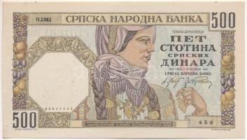 Szerbia 1941. Német megszállás 500D "O.1341 456", (Női fej (Quintus Horatius Flaccus) vízjellel) T:F, szép papír Serbia 1941. German occupation 500 Dinara "O.1341 456", (with Woman's head (Quintus Horatius Flaccus) watermark) C:F, fine paper Krause P#27b