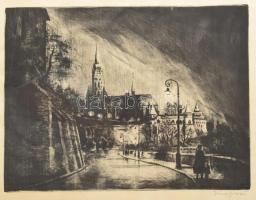 Imre István (1918-1983): Budai vár a Mátyás templommal és a Halászbástyával. Rézkarc, papír, jelzett...