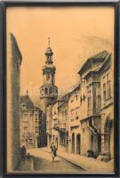 Halász József (1874-1935): Soproni részlet sétáló hölggyel, háttérben a Tűztoronnyal. Tus, toll, papír, jelzett. Üvegezett fakeretben, hátoldalán Kardos Gábor képkeretező korabeli címkéjével. 42×27,5 cm