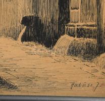 Halász József (1874-1935): Soproni részlet sétáló hölggyel, háttérben a Tűztoronnyal. Tus, toll, pap...