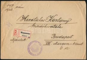 1926 Ajánlott hivatalos levél 800K ötöscsík és 4f vegyes bérmentesítéssel Kaposvárról Budapestre / R...