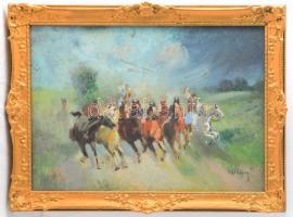 Burchard-Bélaváry István (1864-1933): Száguldó ménes (lovak). Olaj, karton, jelezve jobbra lent. Hátoldalán Szabó György Képszalonja korabeli bélyegzésével. Dekoratív, üvegezett, fakeretben, 25×35 cm
