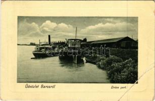 1911 Barcs, Dráva part, kikötő gőzhajóval, vasútállomás, tehervagonok. W.L. Bp. 5018. Schwarcz Adolf kiadása (EB)