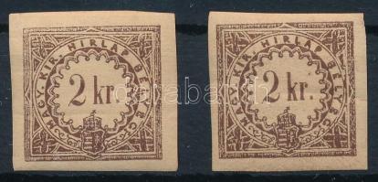 1868 2 db Hírlapilleték bélyeg 2kr eltérő barna színárnyalatban (ráncok / creases)
