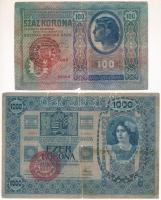 1902. 1000K piros "MAGYARORSZÁG" felülbélyegzéssel + 1912. 100K piros "MAGYARORSZÁG" felülbélyegzéssel T:VG, kis anyaghiány Adamo K35B