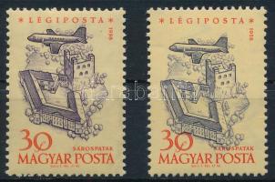 1958 2 db Repülő 30f eltérő színárnyalatban, az egyik eltolódott bélyegképpel / 2 x Mi 1562 in blue colour variety, one with shifted middle part