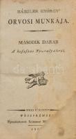 Háiszler György' orvosi munkája. I-II. darab. Első darab: A' főbb hideglelésekről, a' pestisről, és a' hideglelős kiütésekről. Második darab: A' hoszaszas Nyavalyákról. Weszprémben, 1801-[1802.], Számmer Mihály' betűivel, 12+460+4 p.; 10+498+1 p. Első kiadások. A mű három kötetben teljes! A 3. kötete 1837-ben jelent meg.  Haiszler György (1761-1841) magyar orvosdoktor, megyei tiszti orvos, orvosi szakíró. A bölcseletet és a teológiát Győrben az egyházi iskolában végezte. Bécsbe utazott, hogy orvosi tudományokat tanuljon. Később Sopron megye, majd Szily János püspök orvosa lett. Szombathelyről Veszprémbe költözött, ahol megyei főorvossá nevezték ki. Két kötetben dolgozta fel és jelentette meg a korabeli gyógyítás teljes ismeretanyagát. Első orvosi munkája Pozsonyban látott napvilágot, a többi könyvet Veszprémben jelentette meg. Könyvei a magyar orvosi irodalom fontos, meghatározó darabjai.  Korabeli egészbőr-kötésekben, festett lapélekkel, kopott borítókkal, sérült gerincekkel, a táblákon kisebb sérülésekkel, az I. kötet szennylapjai hiányoznak, az első 6 lap fűzése laza, az utolsó lap kijár, foltos lapokkal, a II. kötet hiányzó szennylapokkal, a címlap alsó részén hiánnyal, foltos lapokkal.
