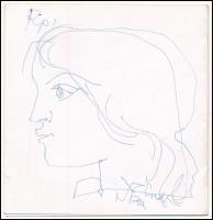 Szász Endre (1926-2003): Női portré. Golyóstoll, papír. Jelezve jobbra lent. Szász Endre 1970-ben Pápán rendezett kiállítási meghívójának hátoldalán. 11×10,5 cm.