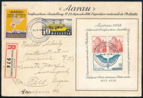 1938 Ajánlott levél Bélyegkiállítás blokkal és levélzárókkal / Mi block 4 on registered cover, with labels
