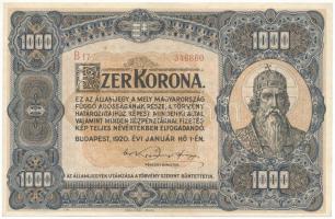 1920. 1000K "Orell Füssli Zürich" nyomdahely-jelöléssel, "B17 346860" sorszámmal T:F, szép papír, pici folt / Hungary 1920. 1000 Korona with "Orell Füssli Zürich" printer's mark, with "B17 346860" serial number C:F, fine paper, tiny spot Adamo K36, Krause P#66