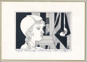 Szász Endre (1926-2003): Női portré. Nyomat, papír. Jelzettt. Szász Endre autográf ajánlásával, 1984-ben Bécsben rendezett kiállítási meghívóján. 10×14 cm.