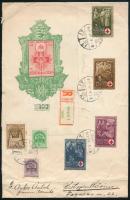 1942 Emlékív és 7 db bélyeg ajánlott levélen, hátoldalon levélzáróval / souvenir sheet on registered cover