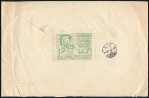 1942 Emlékív és 7 db bélyeg ajánlott levélen, hátoldalon levélzáróval / souvenir sheet on registered...