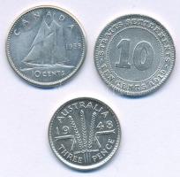 Ausztrália 1948. 3p Ag "VI. György" + Kanada 1959. 10c Ag "II. Erzsébet" + Malaka-szorosi Telepek 1919. 10c billon "V. György" T:AU-VF Australia 1948. 3 Pence Ag "George VI" + Canada 1959. 10 Cents Ag "Elizabeth II" + Straits Settlements 1919. 10 Cents billon "George V" C:AU-VF