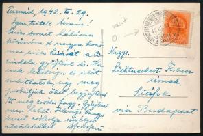 1942 Képeslap "SEPSISZENTGYÖRGY-MAROSVÁSÁRHELY" vasúti mozgóposta bélyegzéssel / Postcard with railway postmark
