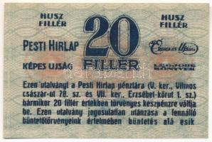 1920 k. Budapest 20f "Pesti Hírlap" piros számozás, 3+2 szám "372 94" T:AU,XF, hajtatlan, csak papírtörés Adamo BUC-215.1.2
