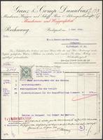 1916 Az S.M.Pb. Lachs és Stör - Dunai Flottila hajók: Számla, nagyon ritka hajópecséttekkel  Invoice from Ganz &amp; Comp.-Danubius addressed to the k.u.k. Maschinen-Bauleitung Budapest, dated June 3, 1916, listing several pieces of equipment. On the back ofthe invoice are what appear to be handwritten receipts for the parts that went to S.M.Pb. Lachs and Stör (q.v.), signed by their respective commanding officers A unique document with one seldom seen and one unlisted seal! K.u.K. Kriegsmarine * S.M.Pb. "LACHS" Kalis/Kohl No. 1 [type DR 1c] red ? and One-line seal: S.M. Pb. "LACHS" Seal type DL 1b unlisted in Kalis/Kohl, red