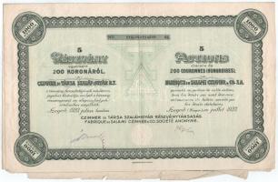 1923. Szeged "Czinner és Társa Szalámigyárt R.T." 5 részvénye egyben, egyenként 200K-ról, szárazpecséttel, szelvényekkel T:F