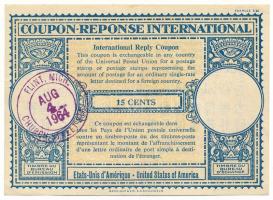 Amerikai Egyesült Államok 1964. 15c "Nemzetközi Válaszdíjszelvény" vízjeles papíron bélyegzéssel, hátoldalán 6xklf nyelvű tájékoztatóval T:F, szép papír USA 1964. 15 Cents "International Reply Coupon" on watermarked paper with stamp, with description on the reverse in 6xdiff language C:F, fine paper
