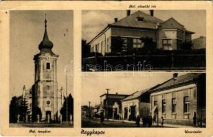 1944 Nagykapos, Velké Kapusany; Református templom és püspöki lak, utca részlet. Kárpátaljai Hangya Szövetkezet kiadása / Calvinist church and the bishop's residence, street view (EB)