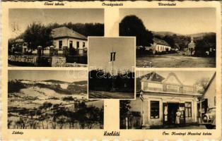 1942 Korláti, Korlát, Konrádovce; Elemi iskola, Országzászló, utca részlet, látkép télen, Özv. Kozányi Rezsőné üzlete és saját kiadása / elementary school, Hungarian flag, street view, general view in winter, publisher's shop (Rb)