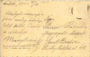 1942 Korláti, Korlát, Konrádovce; Elemi iskola, Országzászló, utca részlet, látkép télen, Özv. Kozán...