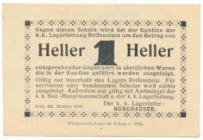Ausztria / Cilli / Reifenstein Hadifogolytábor 1916. 1h, hátlapon bélyegzéssel és bélyegzett sorszámmal "4166" T:AU / Austria / Cilli / Reifenstein POW Camp 1916. 1 Heller, with cancellation and stamped serial number "4166" on the reverse C:AU