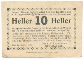 Ausztria / Cilli / Reifenstein Hadifogolytábor 1916. 10h, hátlapon bélyegzéssel és bélyegzett sorszámmal "1519" T:F / Austria / Cilli / Reifenstein POW Camp 1916. 10 Heller, with cancellation and stamped serial number "1519" on the reverse C:F